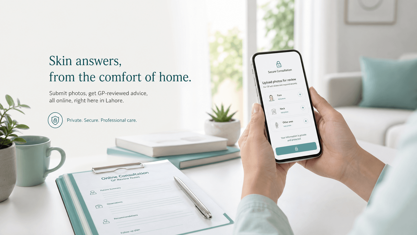 Patient using a phone for an online skin consultation